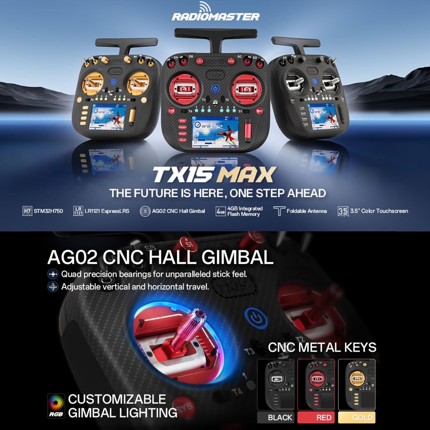 Radiomaster TX15 Max Radio Controller 16 Channel ELRS Transmitter, with AG02 CNC Hall Gimbals/3.5 IPS Touchscreen, Fits FPV Drones/Multirotors/RC Helicopter/Car Boats, Mode 2 (Gold)