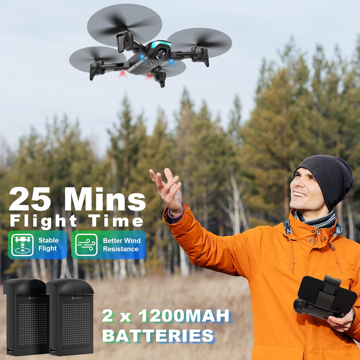 Drone with Camera, Foldable Drone for Beginners with 1080P Camera, Upgrade Altitude Hold, Circle/Rotating/Waypoint Fly, 3D Flip, One Key Start, 3 Speed Mode, 2 Batteries