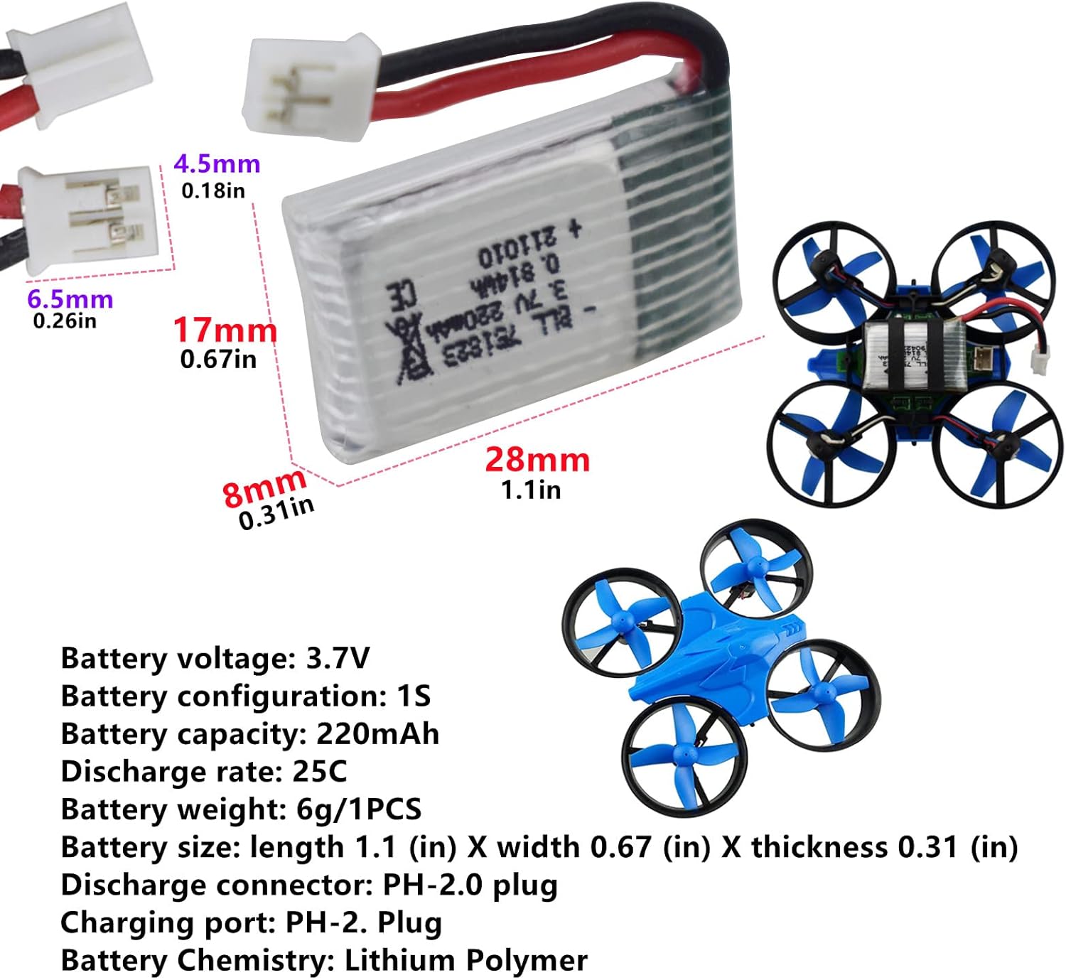 Fytoo Accessories 6PCS 3.7V 220mah Lithium Battery & 6 in 1 Balance Charger for E010 E010C E011 E011C E013 GoolRC T36 NINHUI NH010 F36 H36 HS210 SANROCK GD65A ATOYX AT-66 Four-axis RC Drone Battery
