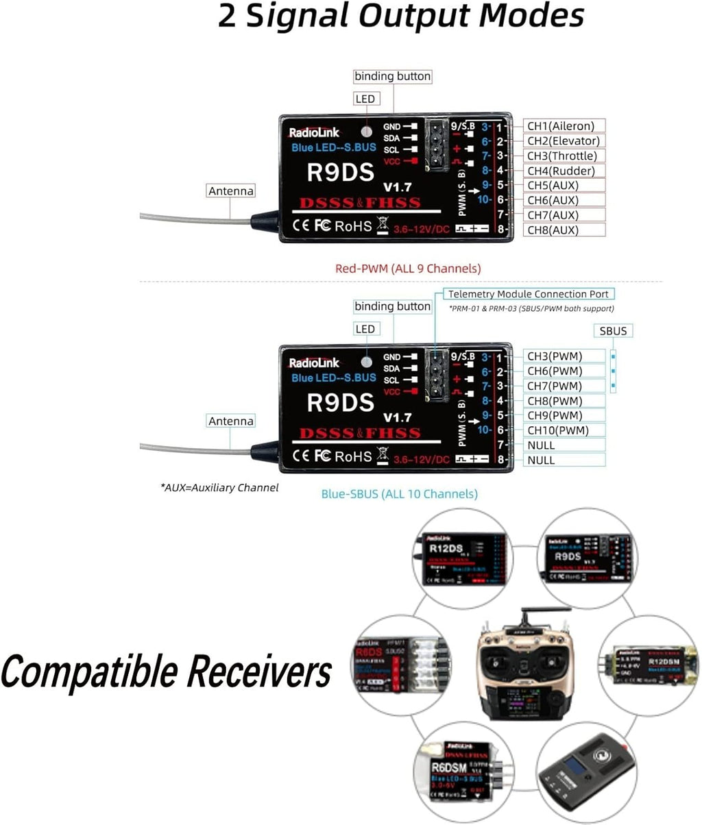 HTLNUZD Radiolink AT9S Pro 2.4G Radio Controller Transmitter 10/12 Channels DSSS & FHSS Communication with R9DS Receiver, for RC FPV Racing Drone Truck Car Boat (Golden-Radiolink AT9S Pro)