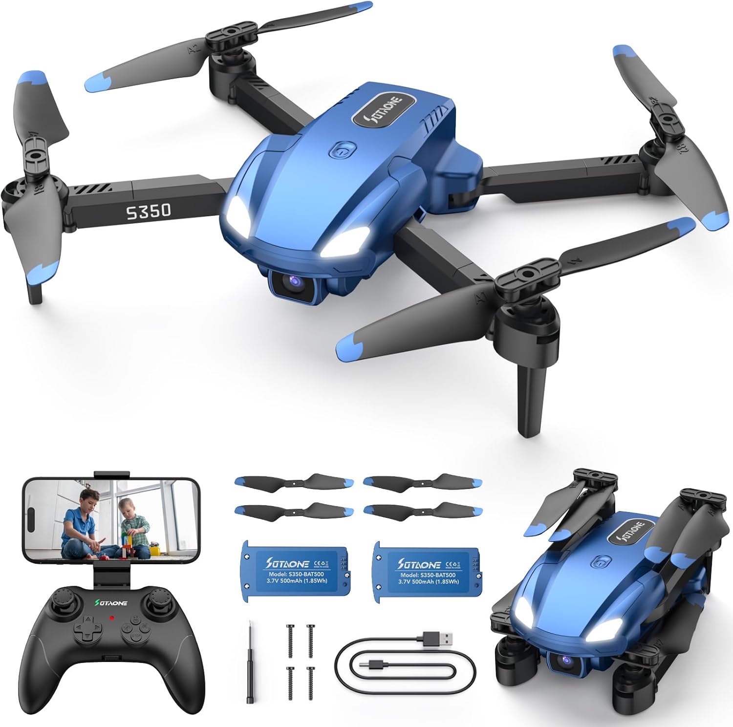 Drone for Kids with 1080P HD Camera - S350 Foldable Mini Drones Toys Christmas Birthday Gifts for Boys Girls, RC Helicopter Quadcopter with Altitude Hold, One Key Start, 3D Flips, 2 Batteries, Blue