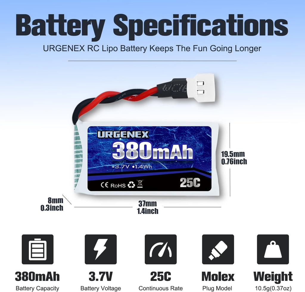 URGENEX 5PCS 3.7V 380mAh Drone Battery 25C 1S Lipo Battery with 5in1 Charger for SYMA Q11 AT-96 TR-C385 TR-P51 TR-F22 H99W H31 H6C H98 Holy Stone HS170G HS170 HS170C HS230 Drone Quadcopter Aircraft