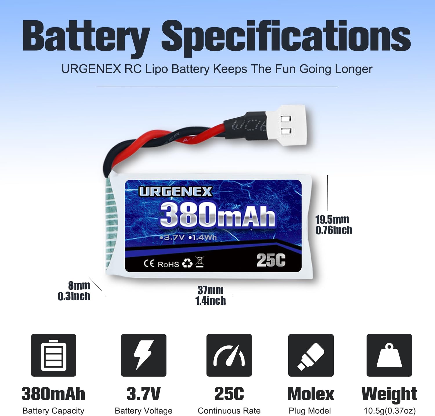 URGENEX 5PCS 3.7V 380mAh Drone Battery 25C 1S Lipo Battery with 5in1 Charger for SYMA Q11 AT-96 TR-C385 TR-P51 TR-F22 H99W H31 H6C H98 Holy Stone HS170G HS170 HS170C HS230 Drone Quadcopter Aircraft