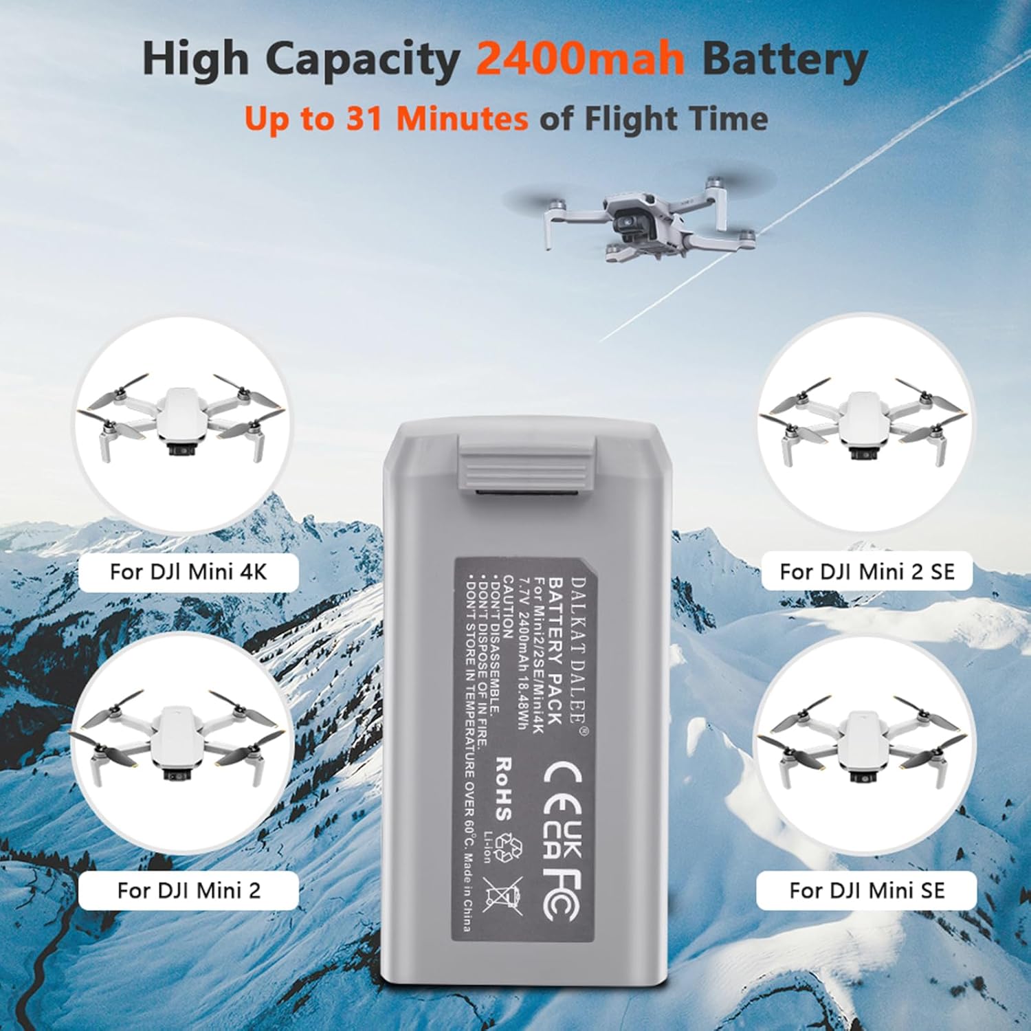 Intelligent Flight Battery Compatible with DJI Mini 4K, Mini 2,MiniSE,Mini2 SE Upgraded Drone Battery Replacement Parts 2400mah Up to 31 Minutes of Flying Time