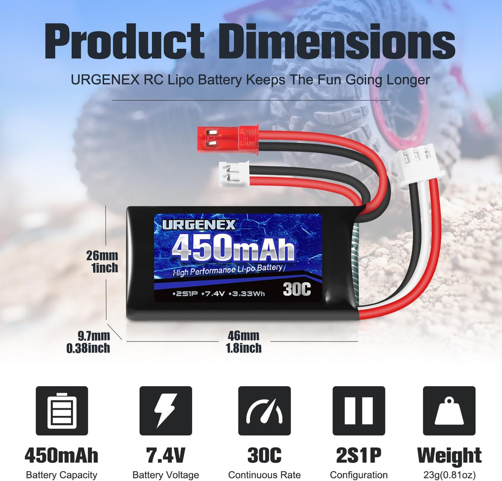 URGENEX 7.4V Lipo 2S 30C 450mAh Rechargeable Lipo with JST & PH2.0 Plug SCX24 with 1to2 USB Charger Fit for Most 1/10, 1/16, 1/18, 1/24 Scale RC Car Truck and RC Drone Airplane