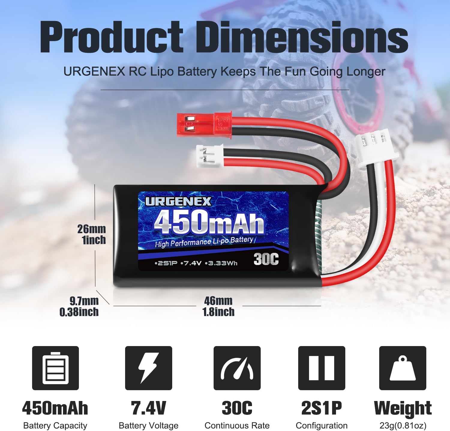 URGENEX 7.4V Lipo 2S 30C 450mAh Rechargeable Lipo with JST & PH2.0 Plug SCX24 with 1to2 USB Charger Fit for Most 1/10, 1/16, 1/18, 1/24 Scale RC Car Truck and RC Drone Airplane