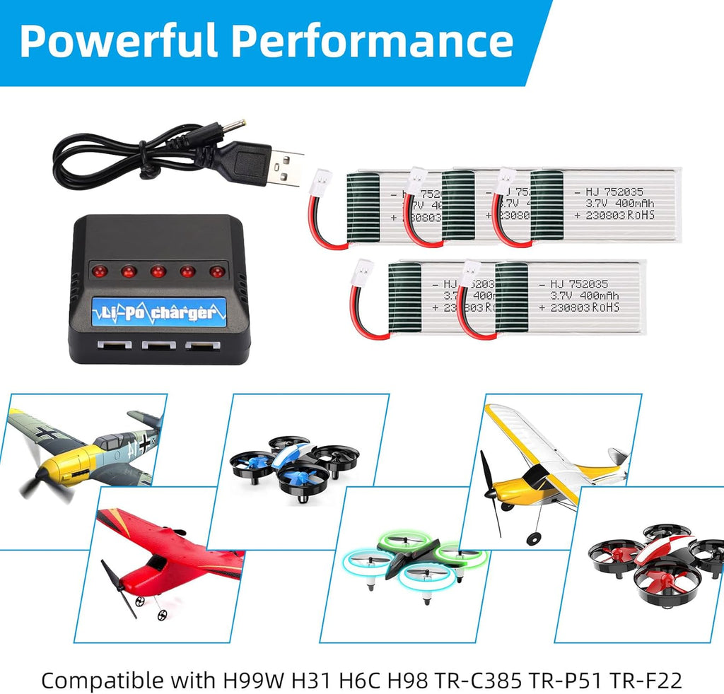 Crazepony 3.7V 400mAh Lipo Battery 5-Pack Lipo Battery with 5-in-1 Battery Charger for Syma H99W H31 H6C H98 TR-C385 TR-P51 TR-F22 Quadcopter