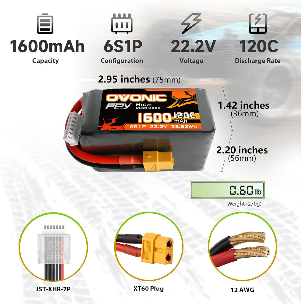 OVONIC 6s Lipo Battery 120C 1600mAh 22.2V Lipo Battery with XT60 Connector for RC FPV Racing Drone Quadcopter