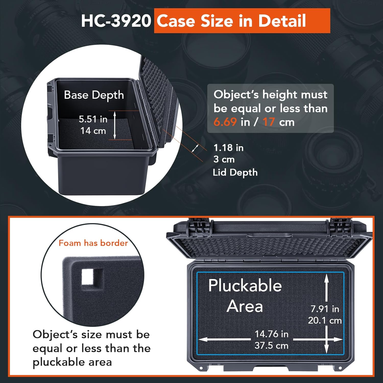 Lykus HC-3920 Waterproof Hard Case with Customizable Foam Insert, Interior Size 15.31x8.94x6.69 in, Suitable for camera, lens, drone, mic, flashlight, electronics, tools, and more