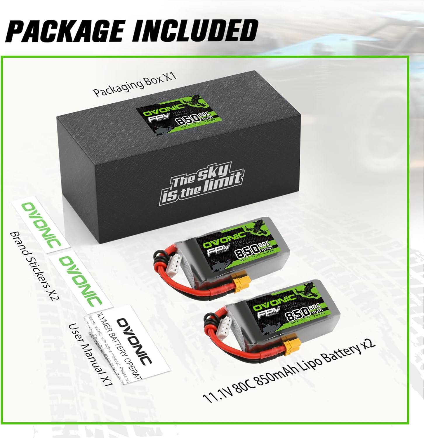 OVONIC Lipo Battery 850mAh 80C 11.1V 3S RC Battery with XT30 Connector for RC Plane DJI Quadcopter RC Airplane RC Helicopter RC Car Truck Boat 2pcs