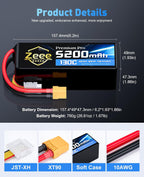 Zeee Premium Pro 6S 5200mAh Lipo Battery 22.2V 130C with XT90 Connector Ultra-Low Internal Resistance Soft Pack Lipo Battery for RC Car Truck RC Drone Boat Helicopter Airplane Racing Models (2 Packs)