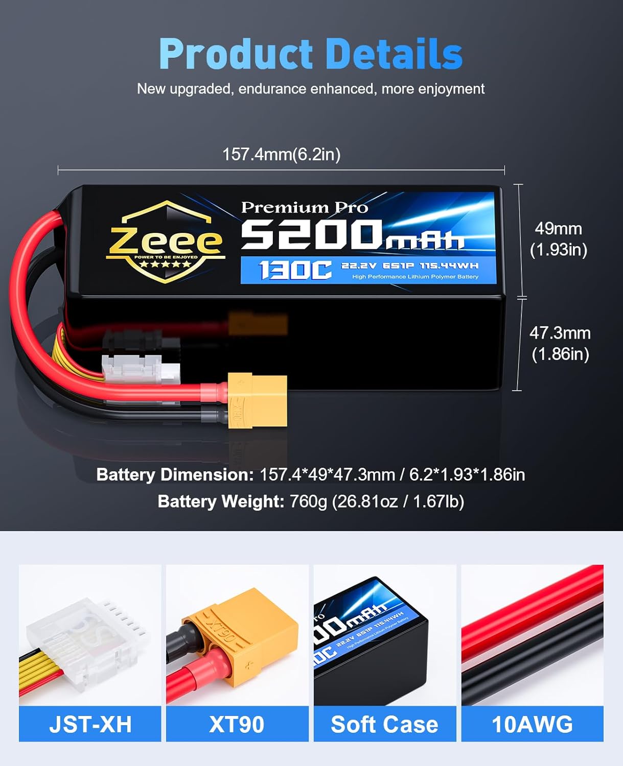 Zeee Premium Pro 6S 5200mAh Lipo Battery 22.2V 130C with XT90 Connector Ultra-Low Internal Resistance Soft Pack Lipo Battery for RC Car Truck RC Drone Boat Helicopter Airplane Racing Models (2 Packs)