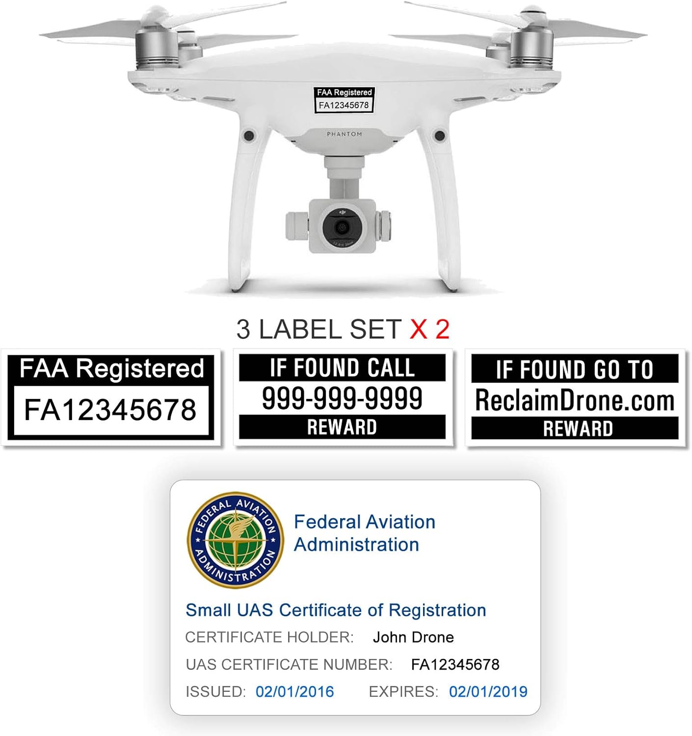 FAA Drone Labels (2 Sets of 3) + FAA UAS Registration ID Card for Hobbyist Pilots - Optional Battery Labels
