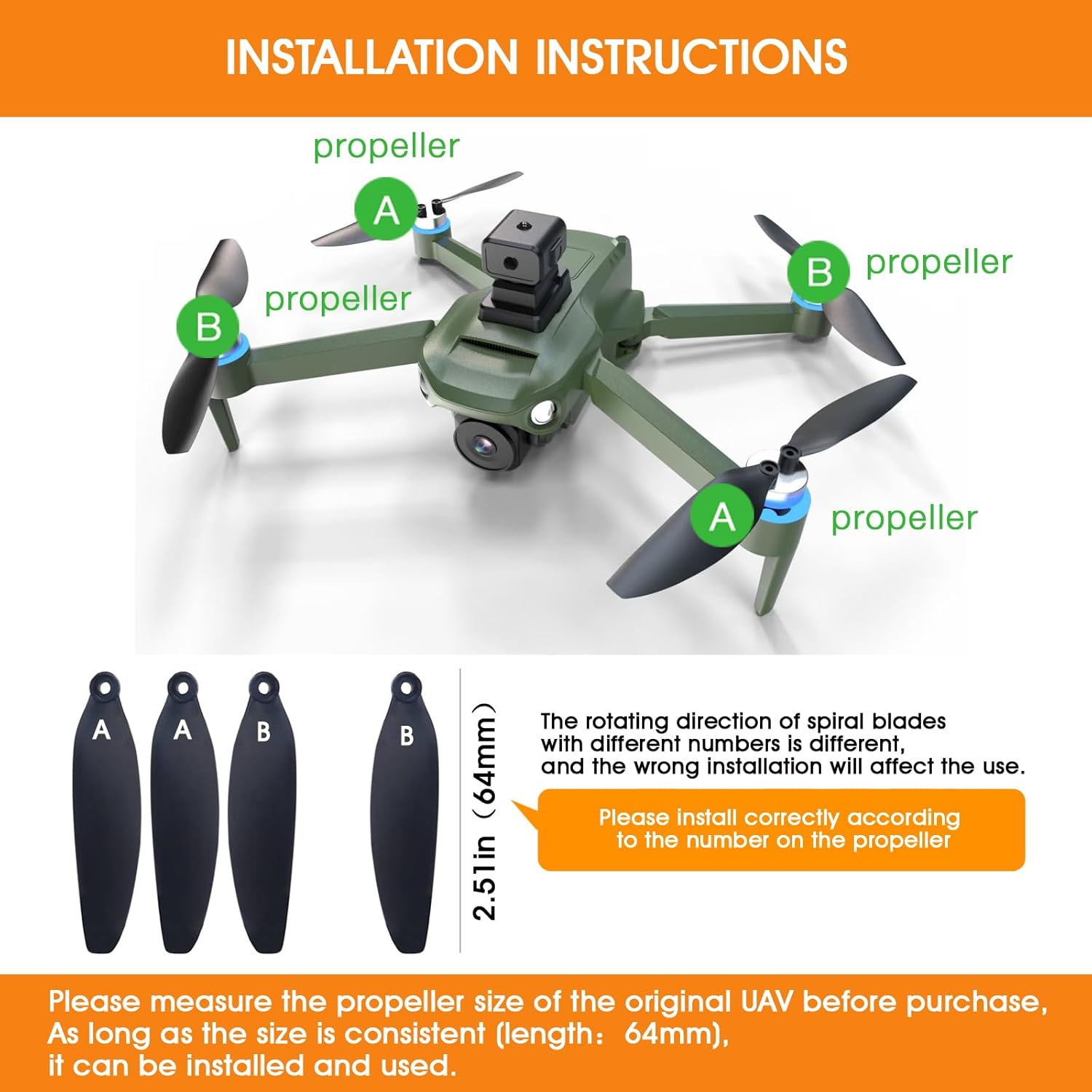 Universal 64mm/2.52In Drone Propellers for S2S, S136,S814,S162 Models - Replacement Drone Accessories with Stable and Low-Noise Operation, Easy Installation and Removal,16-Pack (Black)