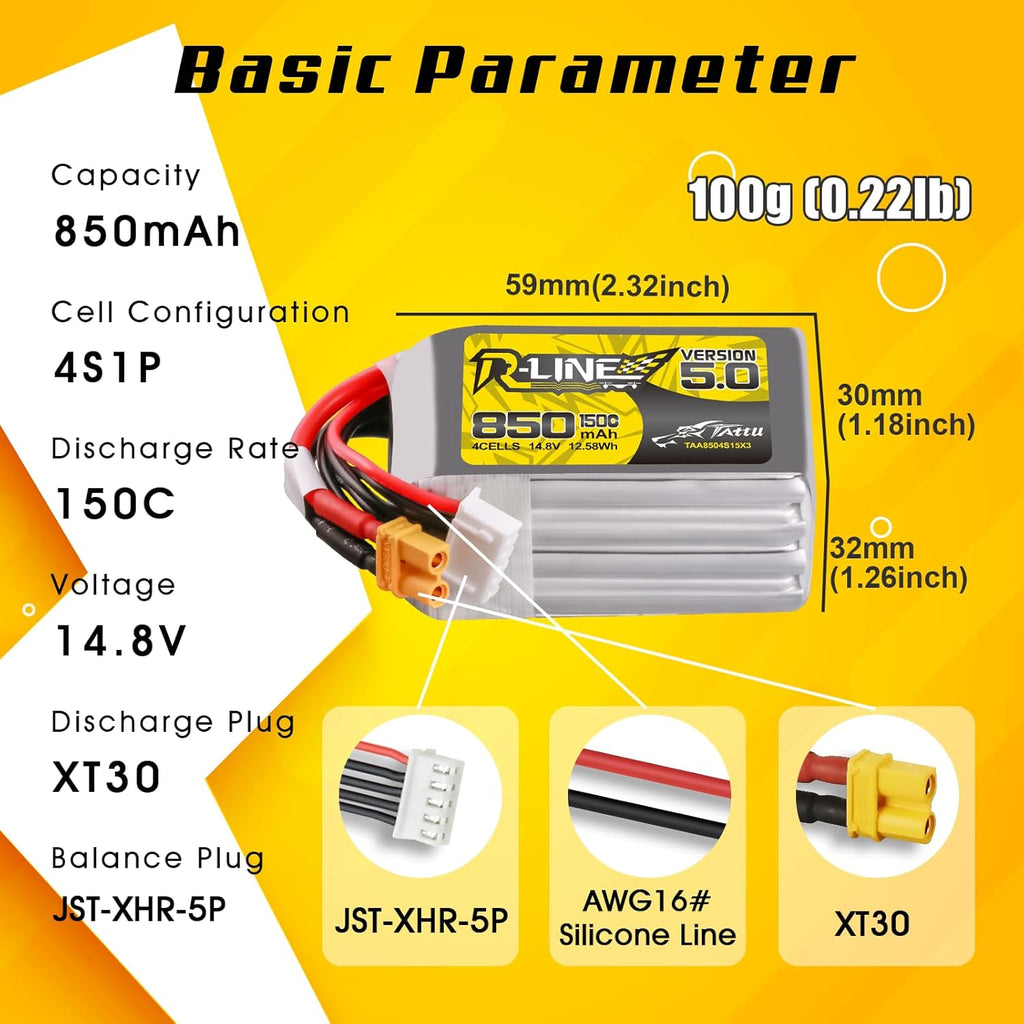 TATTU R-Line Version 5.0 4S Lipo Battery 14.8V 150C 850mAh Lipo Battery Pack with XT30U-F Plug