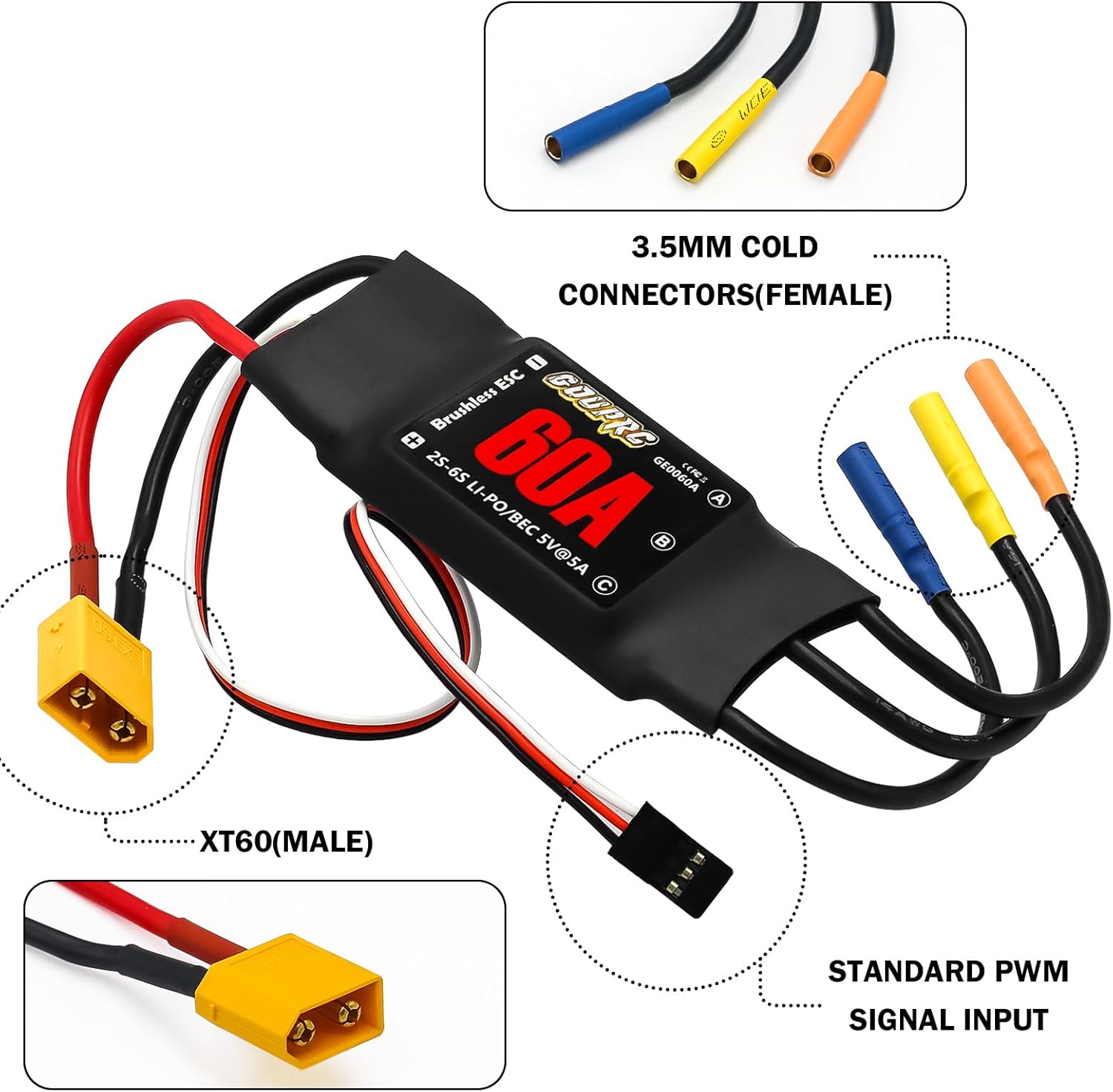 GOUPRC 60A Brushless ESC 2-6S Speed Controller with 5V/7A BEC & XT60 Plugs for Drone RC Helicopter Airplane Fixed Wing DIY RC Multi-axis Aircraft