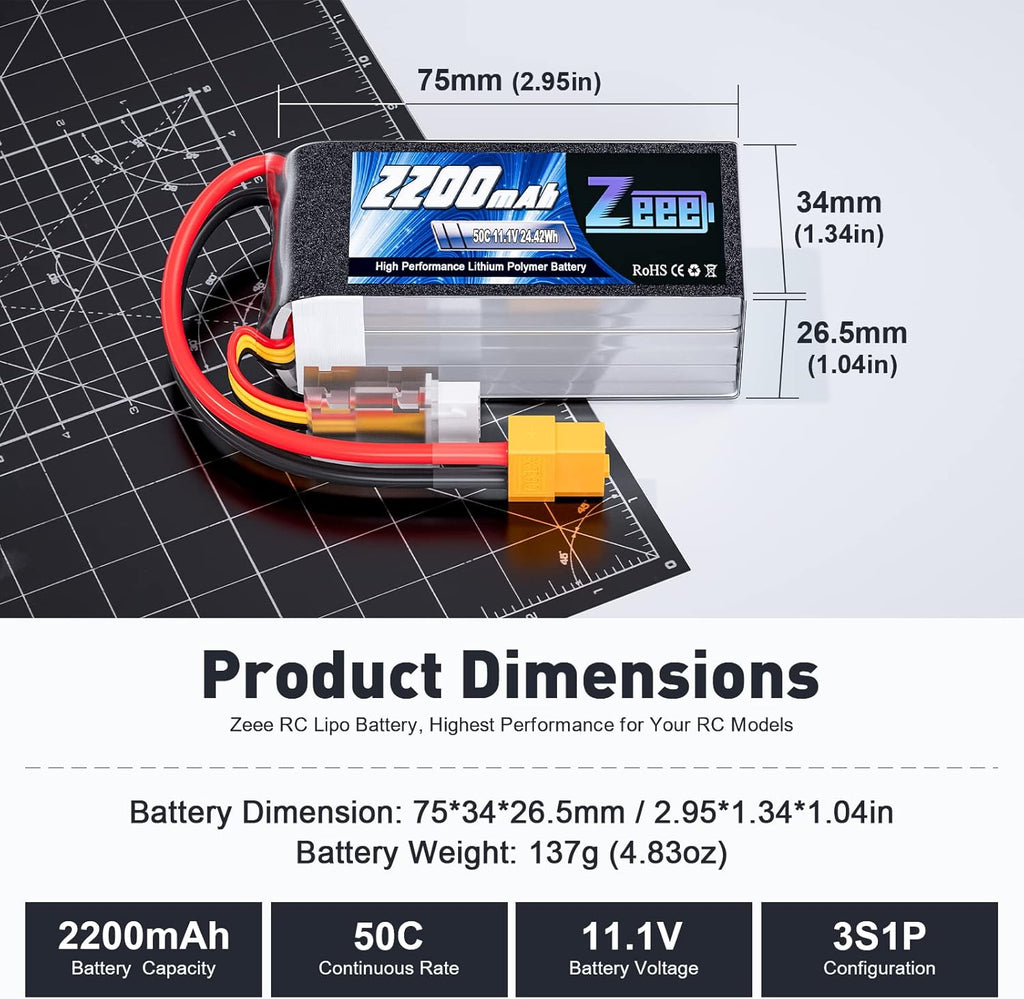 Zeee 3S Shorty Pack Lipo Battery 2200mAh 11.1V 50C Battery with XT60 Plug for RC Car Truck Vehicles RC Boat RC Drone Airplane Quadcopter Helicopter FPV RC Hobby Models