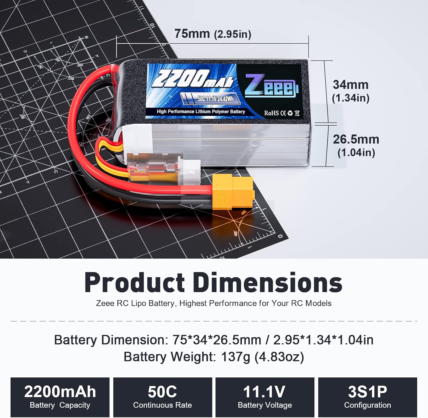 Zeee 3S Lipo Battery 2200mAh 11.1V 50C Shorty Pack Battery with XT60 Plug for RC Car Truck RC Vehicles Boat Drone RC Airplane Quadcopter Helicopter FPV Racing Hobby Models(2 Pack)
