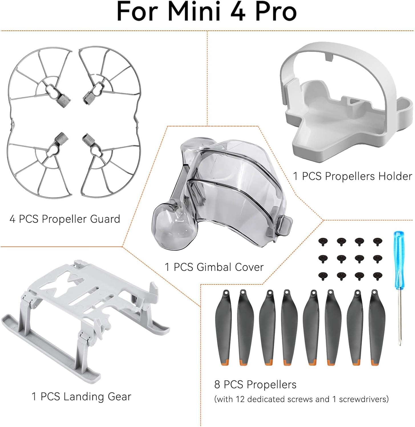 Mini 4 Pro Accessories Bundle: with Propellers Blades Guard Landing Gear Gimbal Protector Leg Extensions Props Holder Strap Lens Cover for DJI Mini 4 Pro Drone Accessories Set