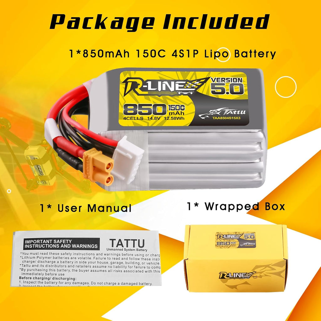 TATTU R-Line Version 5.0 4S Lipo Battery 14.8V 150C 850mAh Lipo Battery Pack with XT30U-F Plug