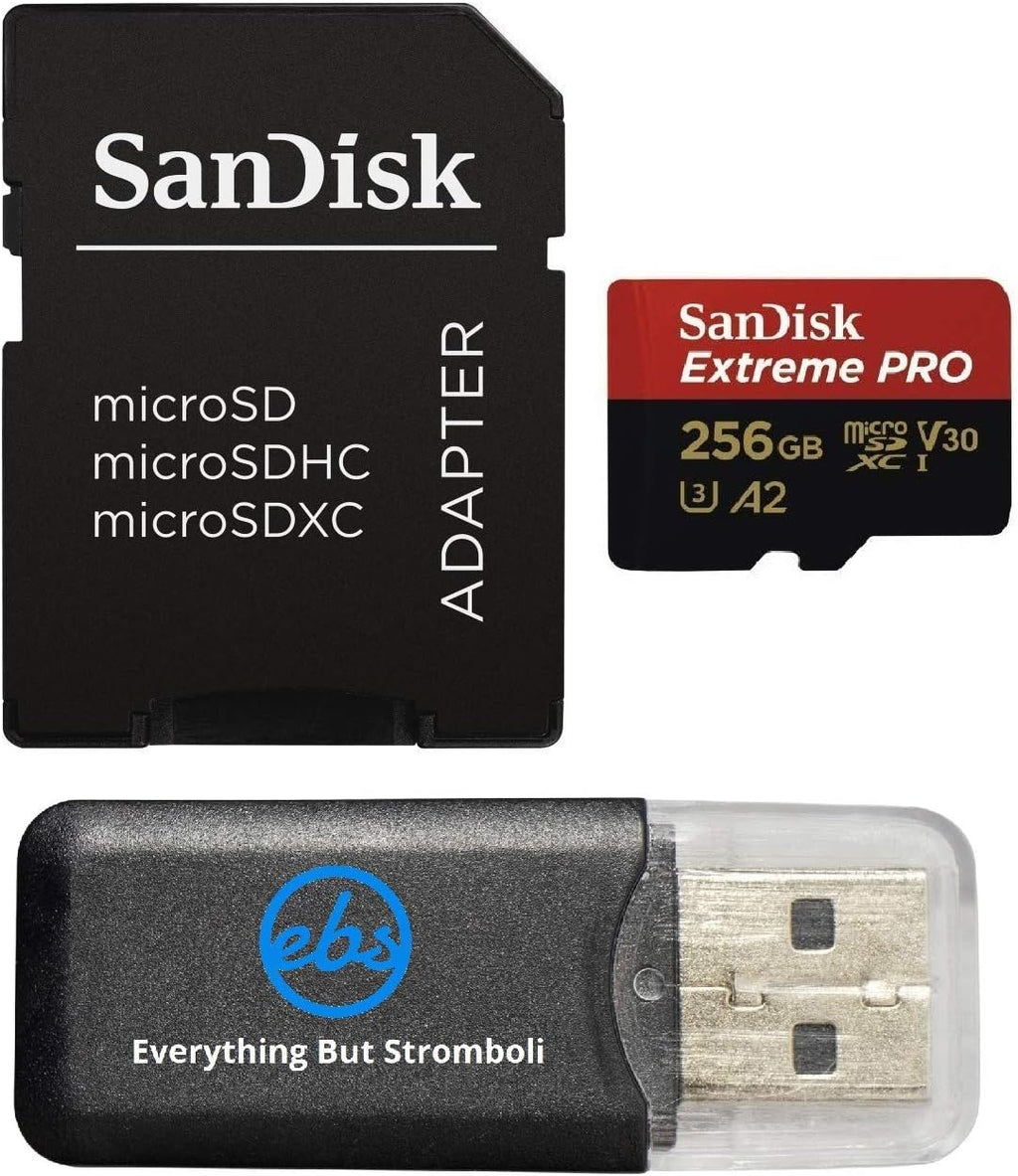 SanDisk 256GB Extreme Pro MicroSDXC Card Compatible with DJI Avata 2, Mini 4K Drones (SDSQXCD-256G-GN6MA) with Read Speed up to 200 MB/s Bundle with 1 Everything But Stromboli MicroSD Card Reader