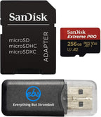 SanDisk 256GB Extreme Pro MicroSDXC Card Compatible with DJI Avata 2, Mini 4K Drones (SDSQXCD-256G-GN6MA) with Read Speed up to 200 MB/s Bundle with 1 Everything But Stromboli MicroSD Card Reader
