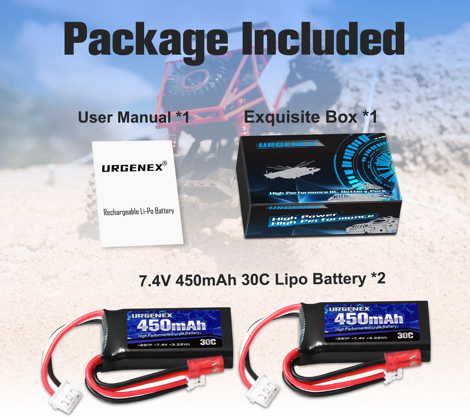 URGENEX 7.4V Lipo Battery 2S 30C 450mAh Rechargeable SCX24 RC Lipo with JST & PH2.0 Double Discharge Plug Fit for Axial Scx24 RC Car Truck and Most 1/10, 1/16, 1/18, 1/24 Scale RC Car Truck Drone