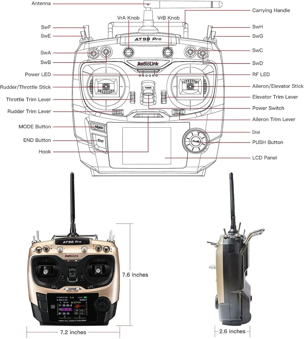 HTLNUZD Radiolink AT9S Pro 2.4G Radio Controller Transmitter 10/12 Channels DSSS & FHSS Communication with R9DS Receiver, for RC FPV Racing Drone Truck Car Boat (Golden-Radiolink AT9S Pro)