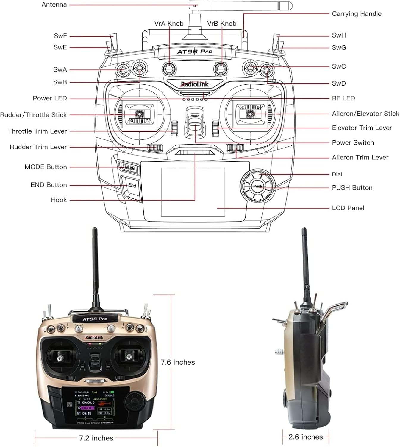 HTLNUZD Radiolink AT9S Pro 2.4G Radio Controller Transmitter 10/12 Channels DSSS & FHSS Communication with R9DS Receiver, for RC FPV Racing Drone Truck Car Boat (Golden-Radiolink AT9S Pro)