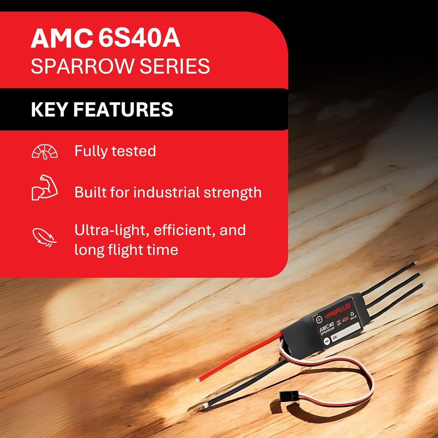 Sparrow Series AMC 6S40A ESC Drone Motor Controller - Lightweight Drone Components, PWM Electronic Controllers for Brushless Motors, 2-6s LiPo