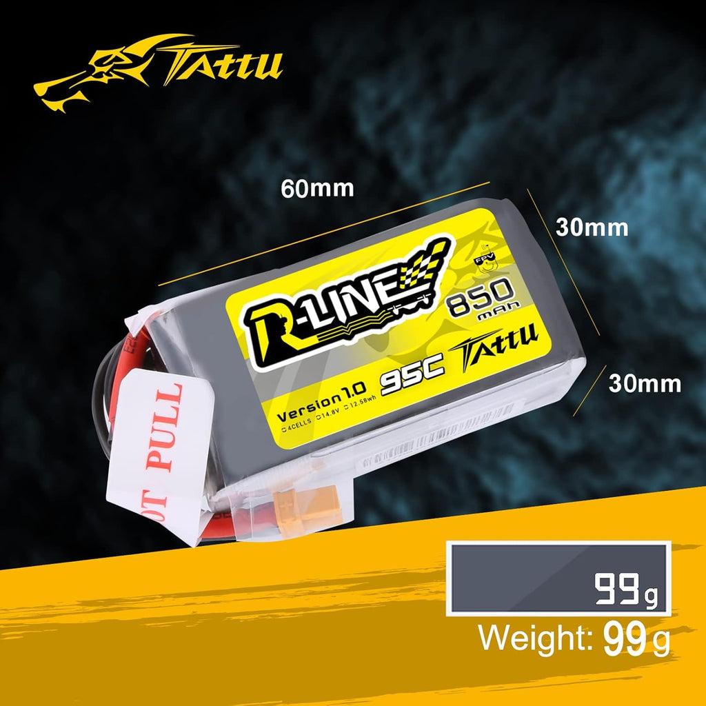 TATTU R-Line 850mAh 14.8V 95C 4S LiPo Battery Pack with XT60 Plug for Multirotor FPV from Size 100 to 180