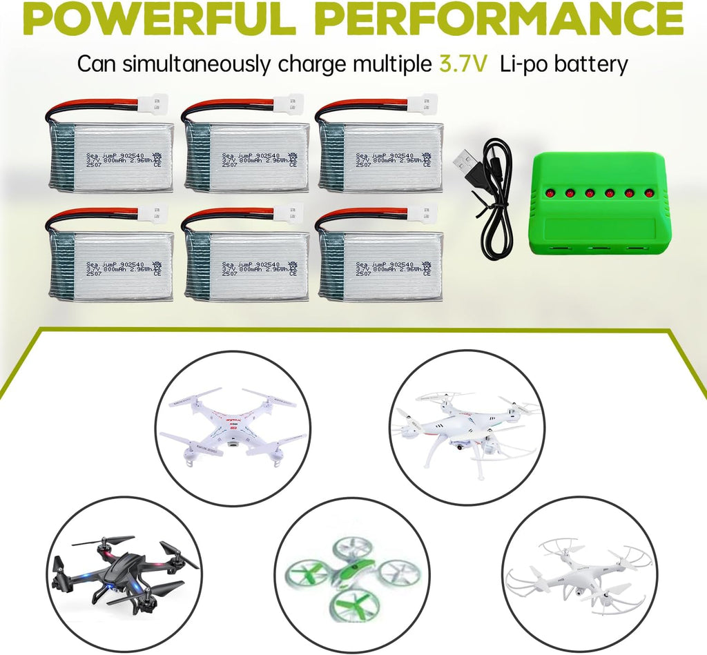 sea jump 6PCS 3.7V 800mAh 25C Lipo Battery with Molex Plug and 6in1 Charger Compatible with WLtoys SYMA Most Drone Quadcopters, Aerial Drones, Gliders, Robot Batteries