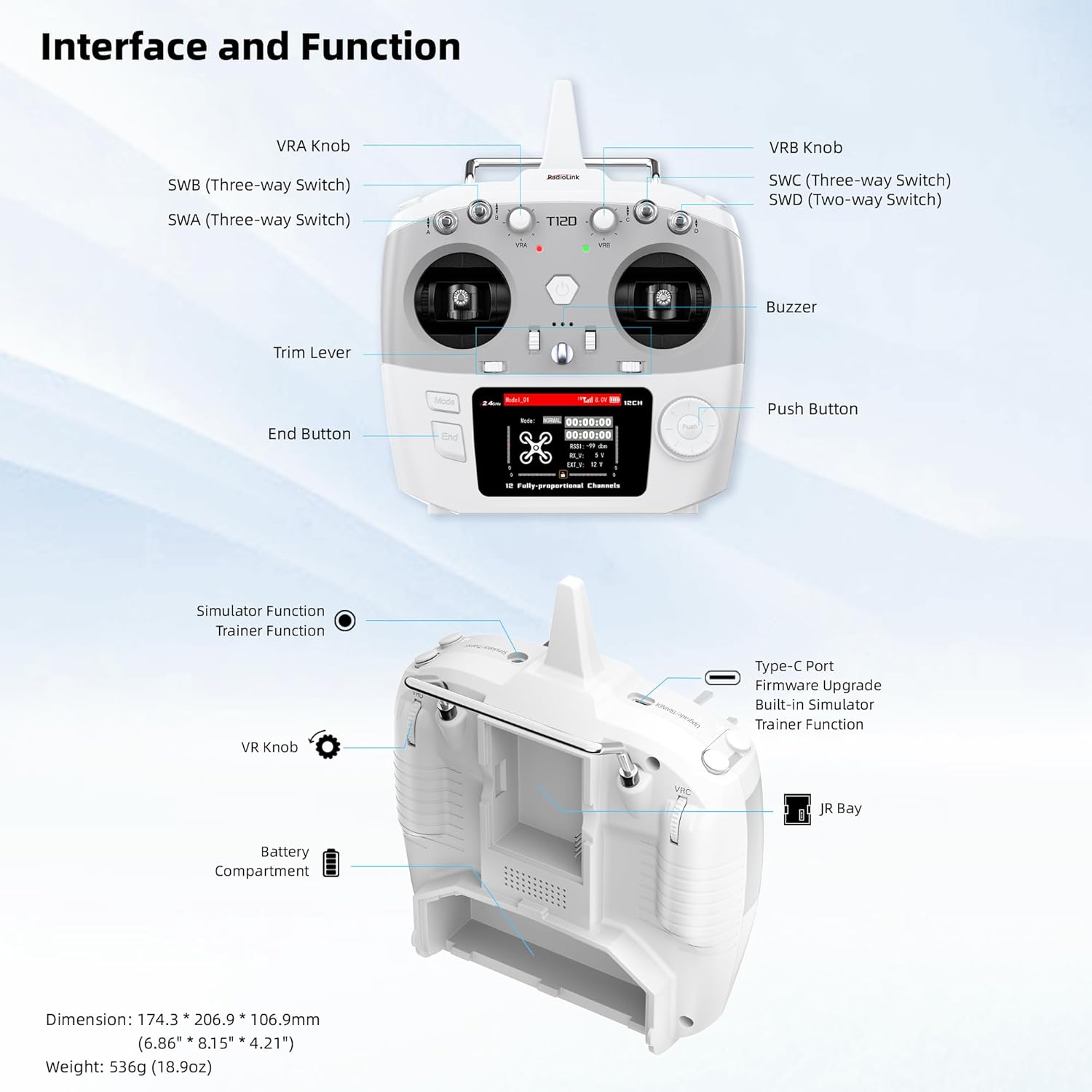 Radiolink T12D V2 12 Channels RC Transmitter & R12F Receiver, Supports Micro ELRS Module, Long Range Remote Controller for FPV Drone Airplane Car Boat (Mode 2)