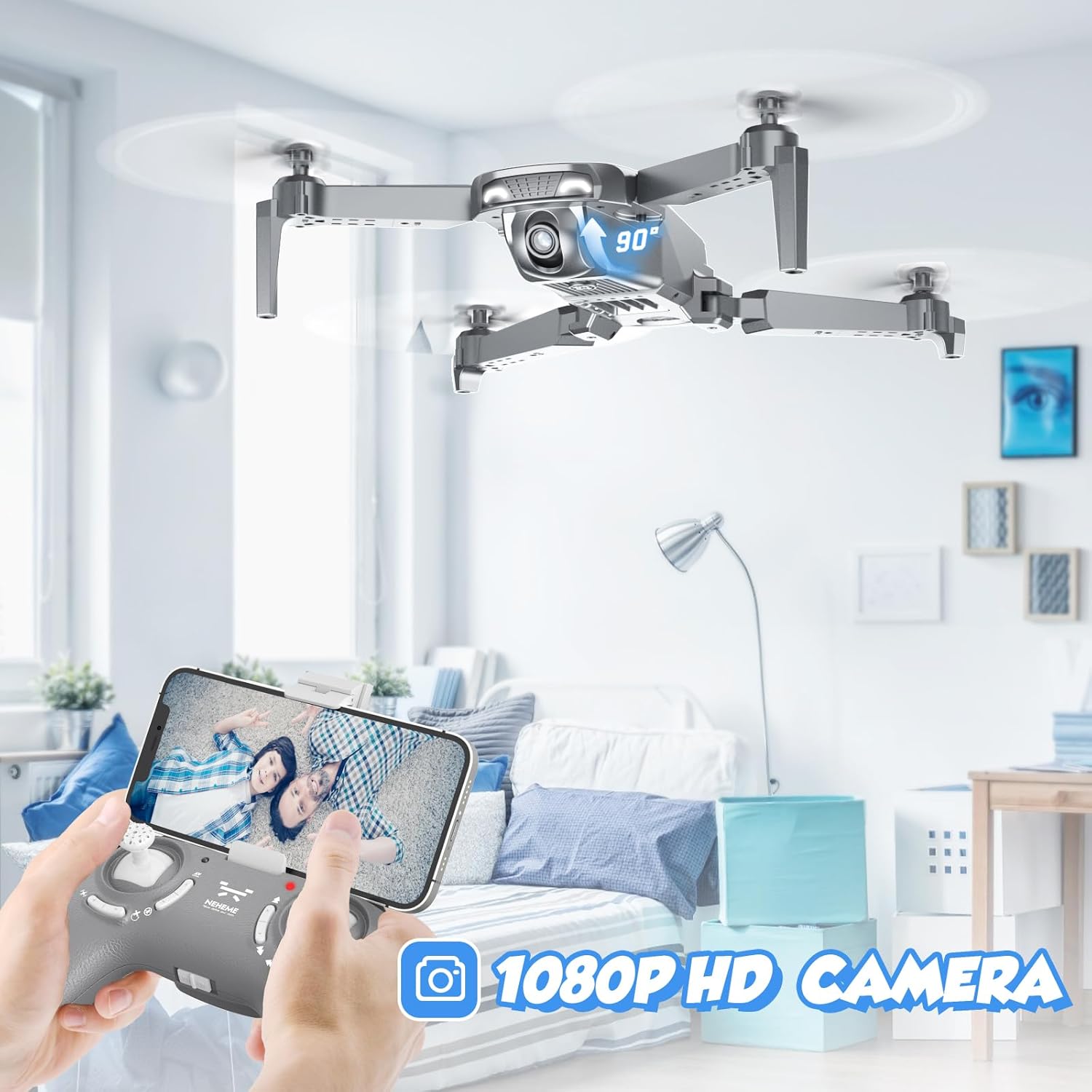 NEHEME Drones for Kids with Camera - Remote Control Helicopter Toys Gifts for Boys Girls, 1080P HD FPV RC Quadcopter for Adults, One Key Start/Land, Altitude Hold, Gravity Control, 2 Batteries, Grey