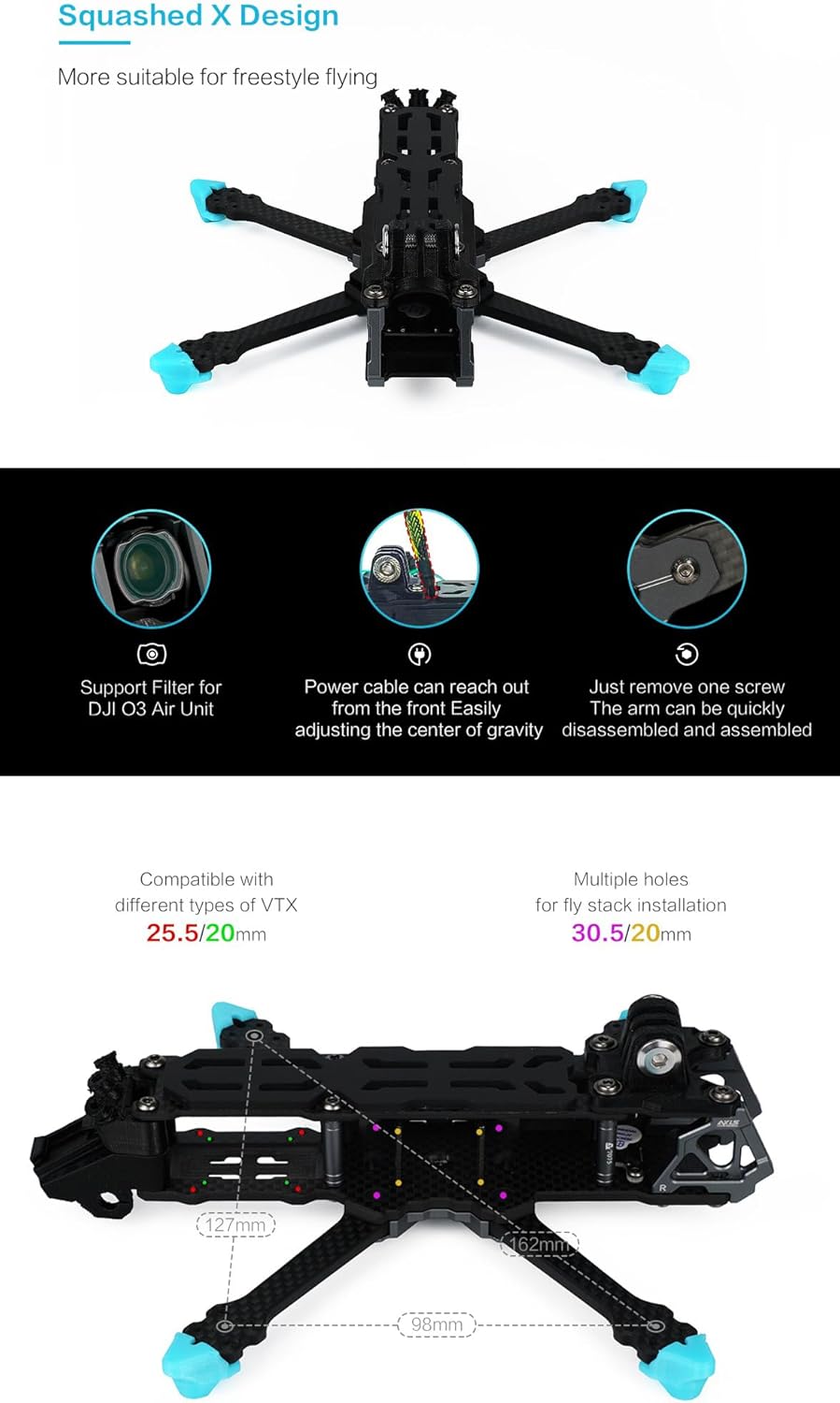 SPARKHOBBY Axisflying Manta 3.6inch Squashed-X Carbon Fiber Frame Kit Wheelbase 162mm Suitable for Gemfan-3630 Prop 3.6¡± Freestyle Drones (3.6 Manta KIT)