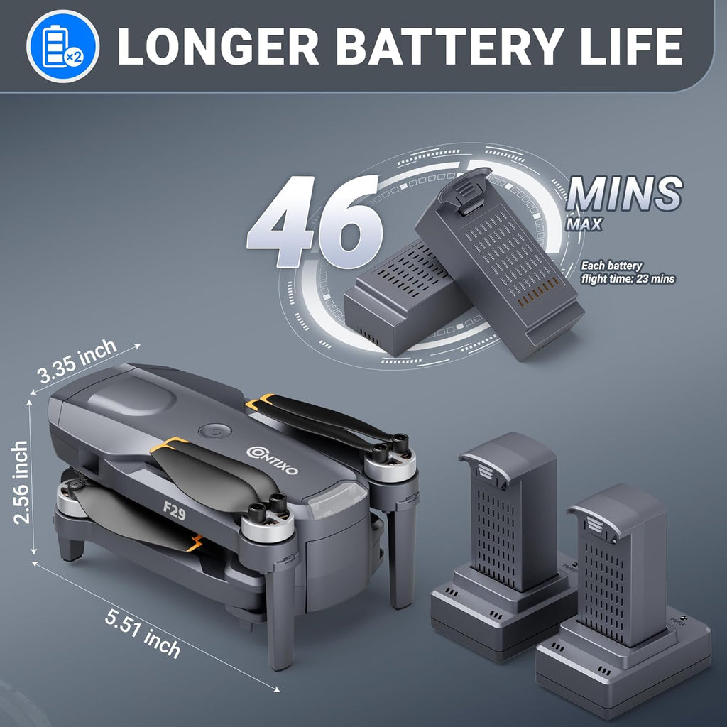 Contixo Foldable 4K Cinematic F29 Drone for Adults & Hobbyists, 3-Axis Gimbal, 5 Touchscreen Remote, GPS Return Home, Follow Me, Orbit Mode, Brushless Motor, 46 Min Flight Time (2 Batteries), 3KM Range