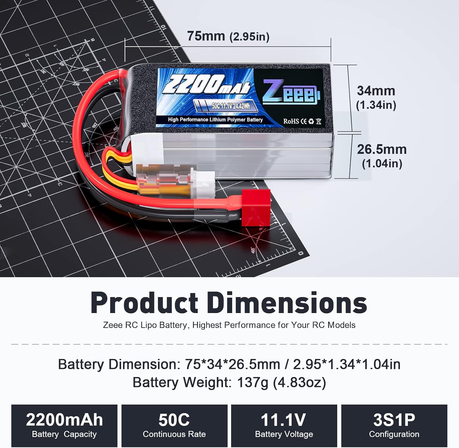 Zeee 3S Lipo Battery 2200mAh 11.1V 50C Shorty Pack Battery with T Connector for RC Car Truck Vehicles RC Boat RC Drone Airplane Quadcopter Helicopter FPV RC Hobby Models (2 Pack)