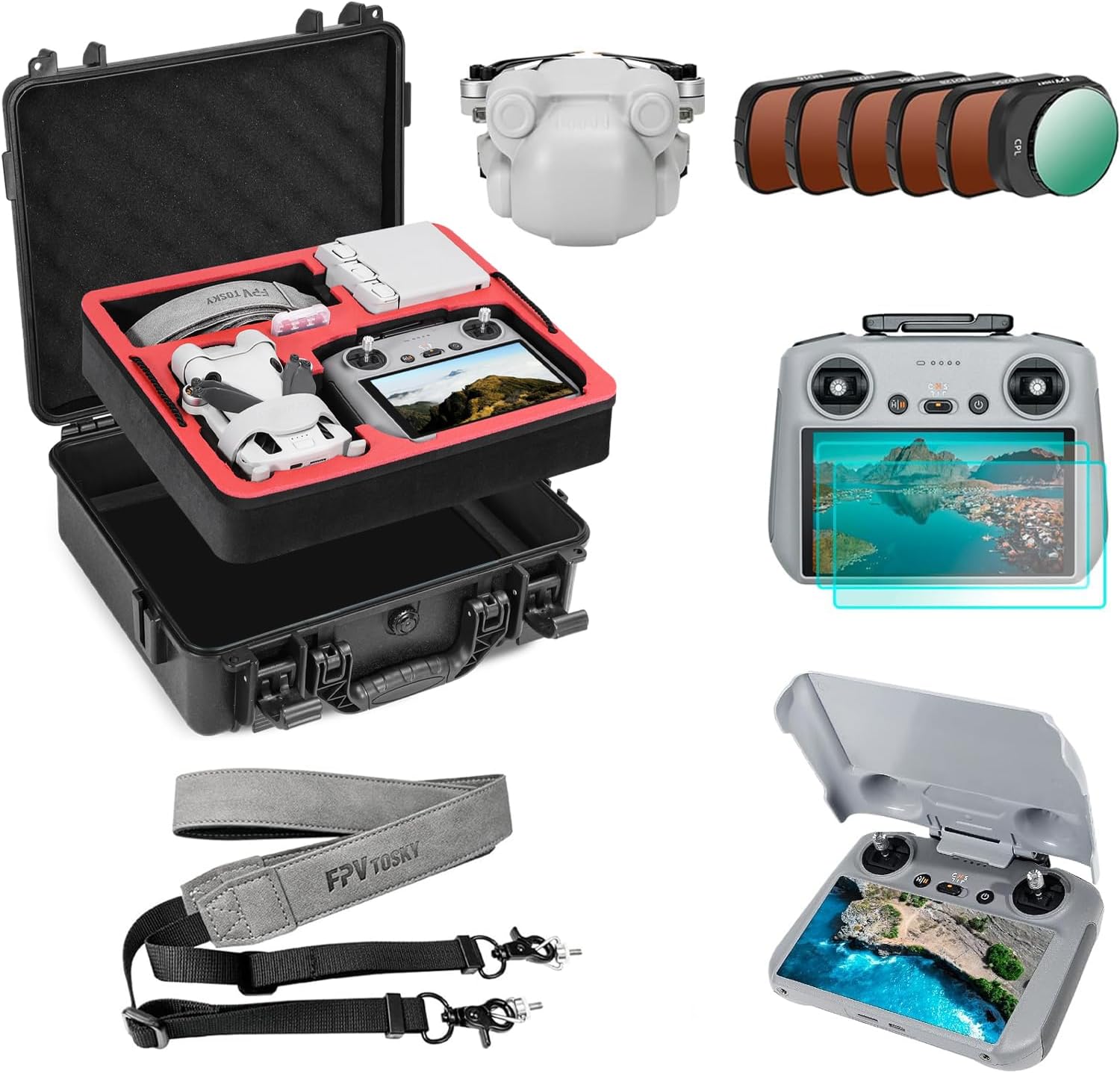 FPVtosky Mini 4 Pro Accessories Bundle 6-IN-1 Kit, Includes: Mini 4 Pro Case, ND Filters Set, Lanyard, Lens Cap, Screen Protector, Sunshade for DJI Min 4 Pro Accessories