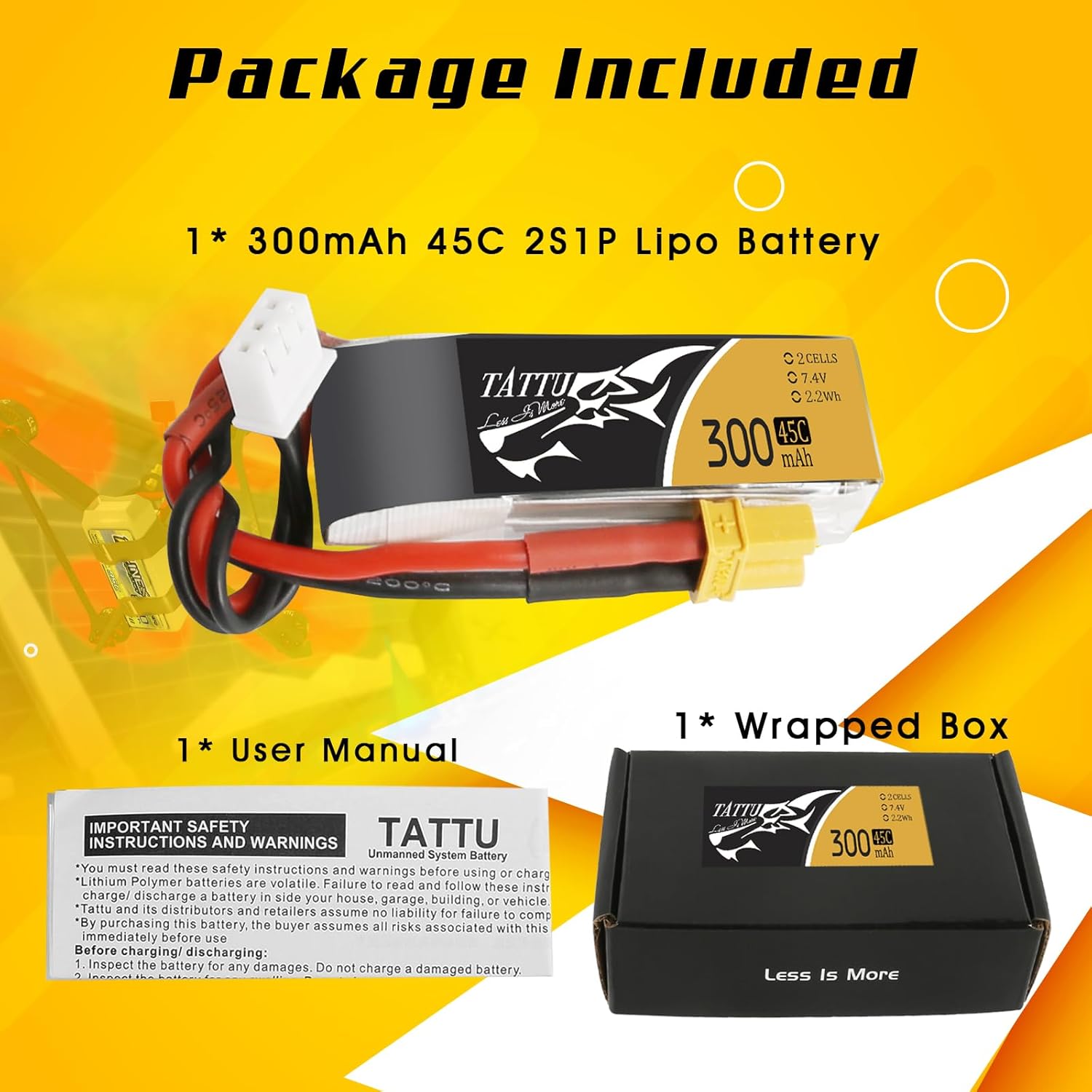 TATTU 4PCS 7.4V 300mAh 2S 45C LiPo Battery Pack with XT30 Plug for Emax Babyhawk Micro FPV Quad Racing Drone