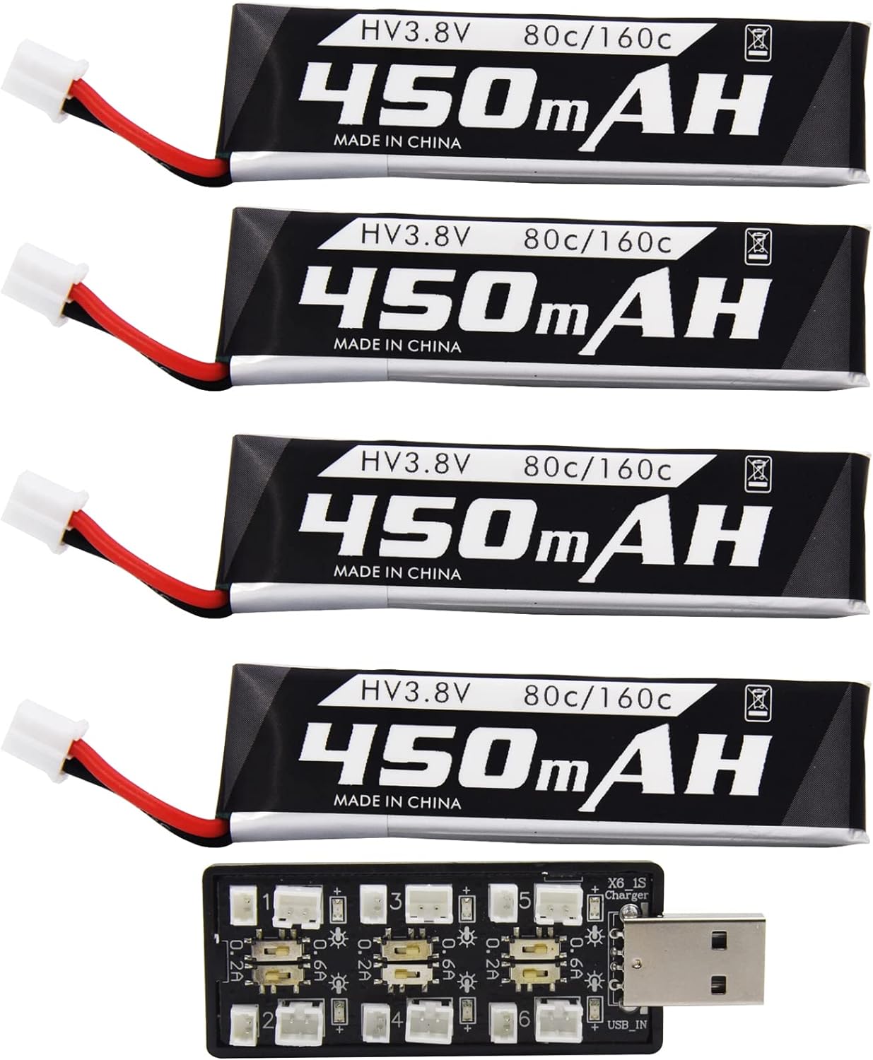 Blomiky 4 Pack 1S 3.8V 450mAh 80C Lipo Battery with PH2.0 Plug Compatible with S Free Style RC Quadopter Drone / F4 Battery 4