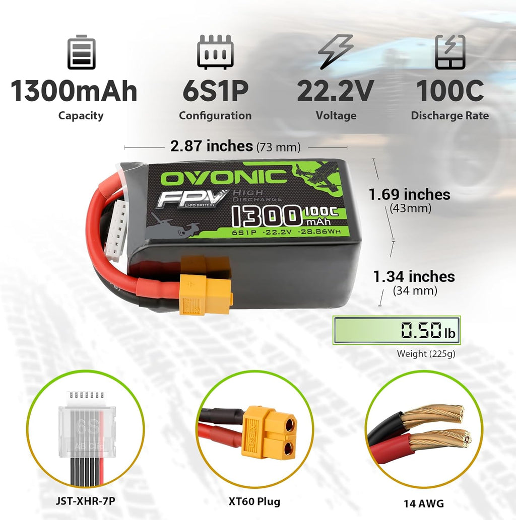 OVONIC 6S Lipo Battery 100C 1300mAh 22.2V Lipo Battery with XT60 Connector for RC FPV Racing Drone Quadcopter