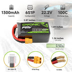 OVONIC 6S Lipo Battery 100C 1300mAh 22.2V Lipo Battery with XT60 Connector for RC FPV Racing Drone Quadcopter