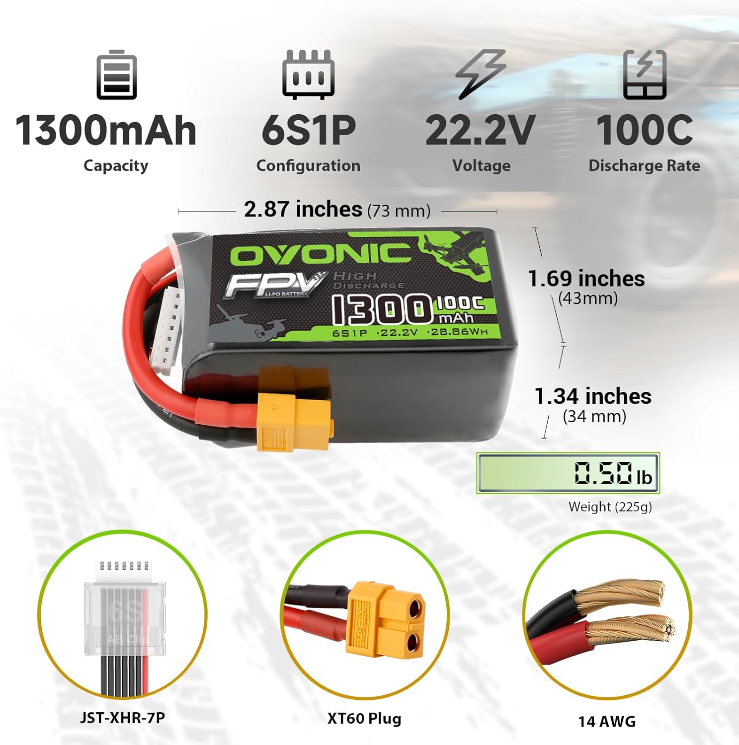 OVONIC 6S Lipo Battery 100C 1300mAh 22.2V Lipo Battery with XT60 Connector for RC FPV Racing Drone Quadcopter