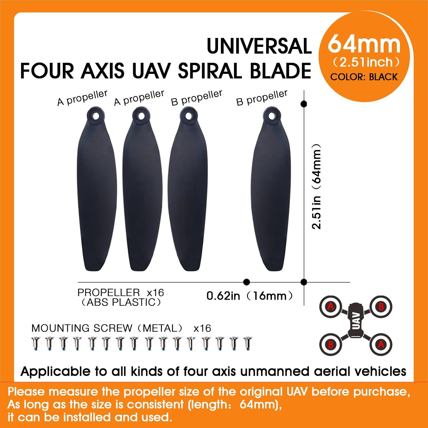 Universal 64mm/2.52In Drone Propellers for S2S, S136,S814,S162 Models - Replacement Drone Accessories with Stable and Low-Noise Operation, Easy Installation and Removal,16-Pack (Black)