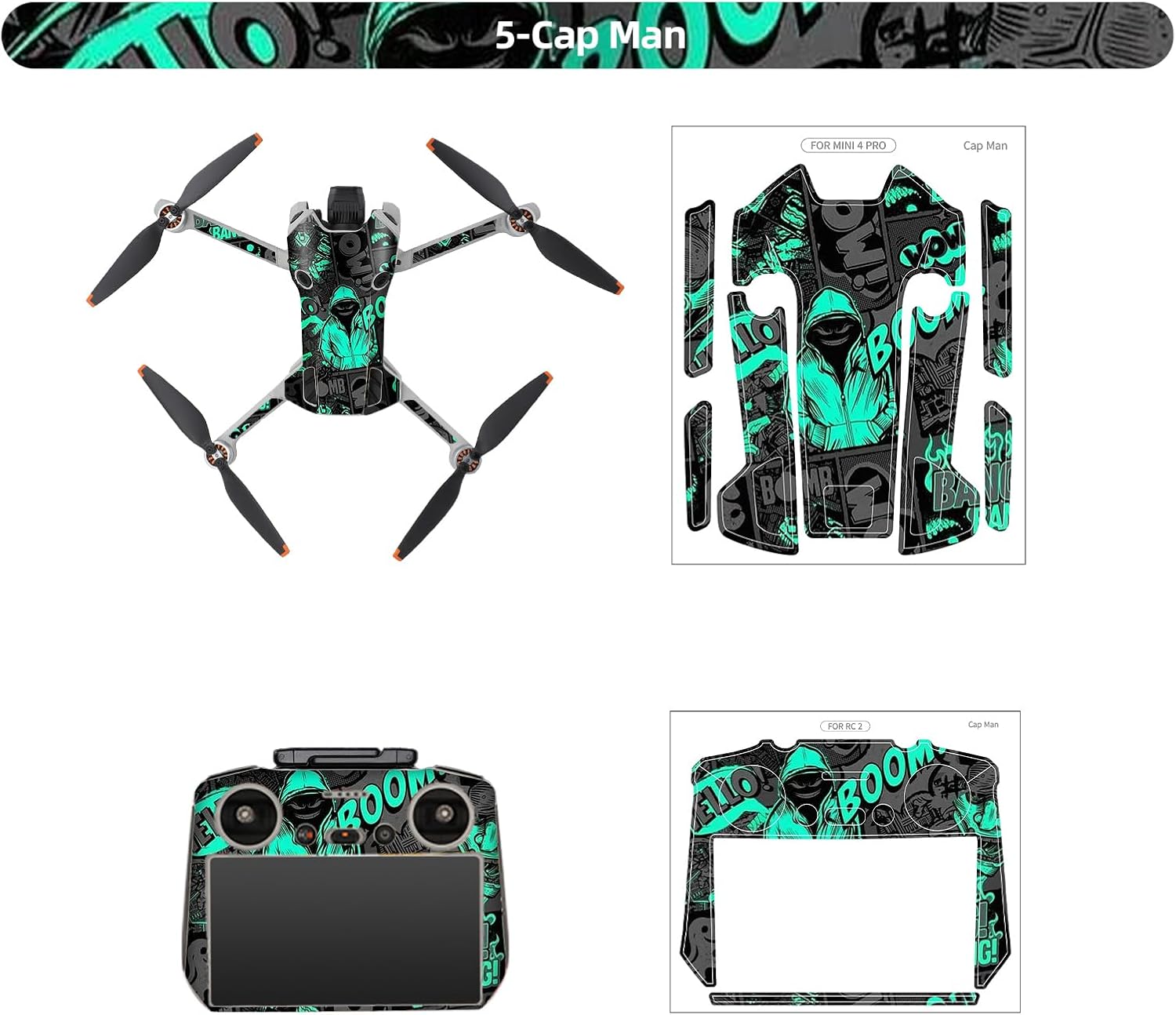 Skin Stickers Compatible with DJI Mini 4 Pro, Waterproof Sticker Decal Skin DIY Accessory for DJI Mini 4 Pro Drone and RC 2 Controller (E)