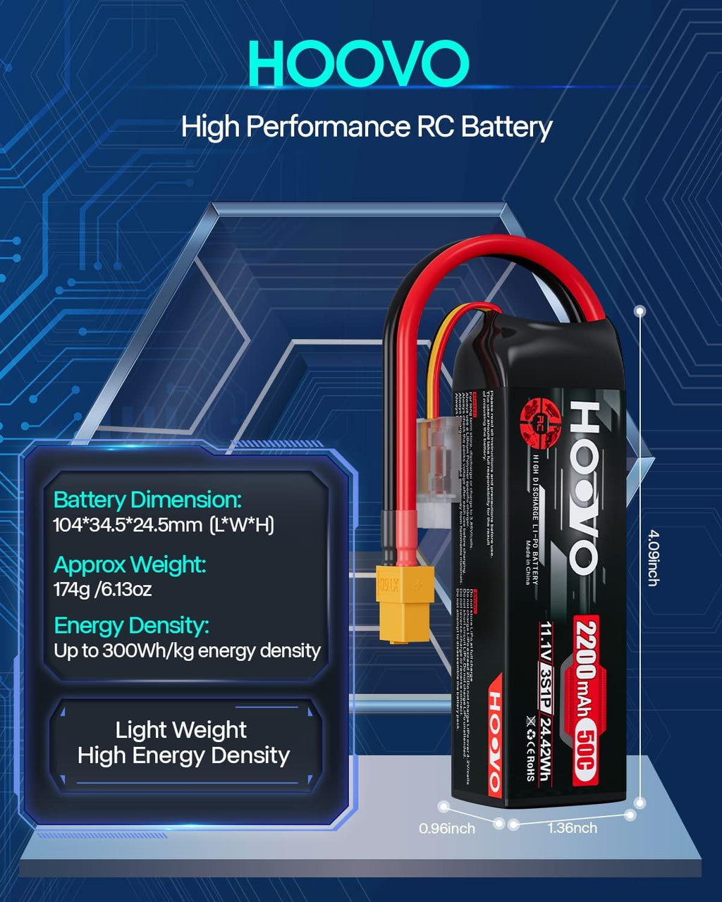HOOVO 3S 11.1V 2200mAh 50C Lipo Battery with XT60 Connector for RC Helicopter Airplane Quadcopter UAV Drone FPV (2 Pack)