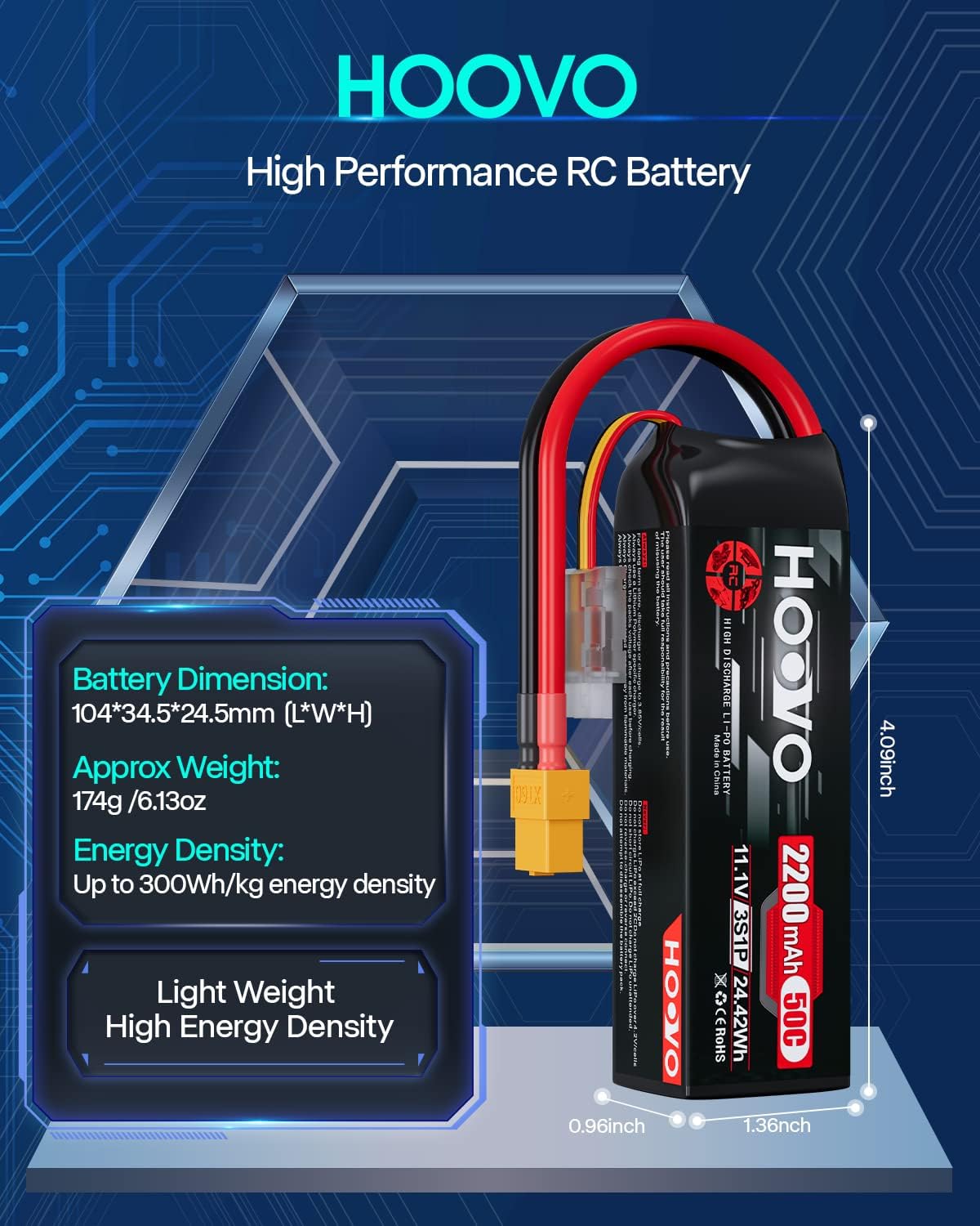 HOOVO 3S 11.1V 2200mAh 50C Lipo Battery with XT60 Connector for RC Helicopter Airplane Quadcopter UAV Drone FPV (2 Pack)