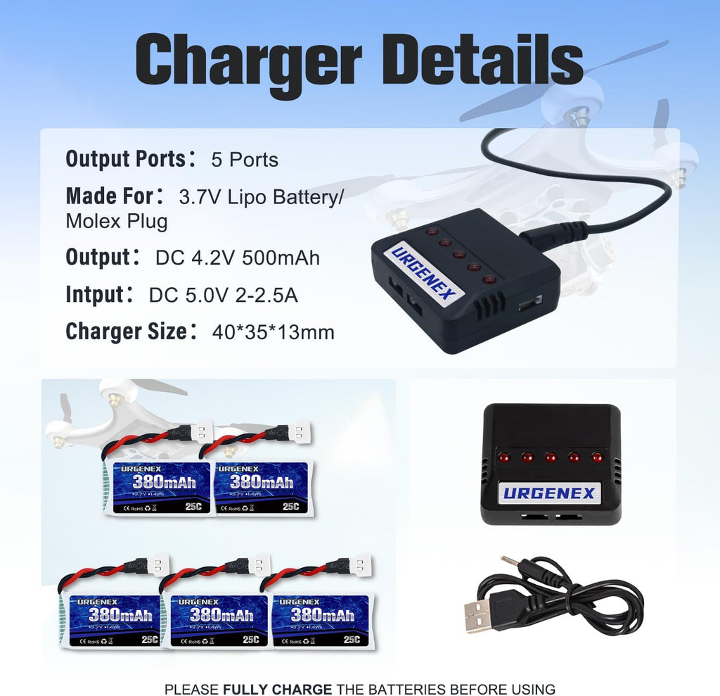 URGENEX 5PCS 3.7V 380mAh Drone Battery 25C 1S Lipo Battery with 5in1 Charger for SYMA Q11 AT-96 TR-C385 TR-P51 TR-F22 H99W H31 H6C H98 Holy Stone HS170G HS170 HS170C HS230 Drone Quadcopter Aircraft