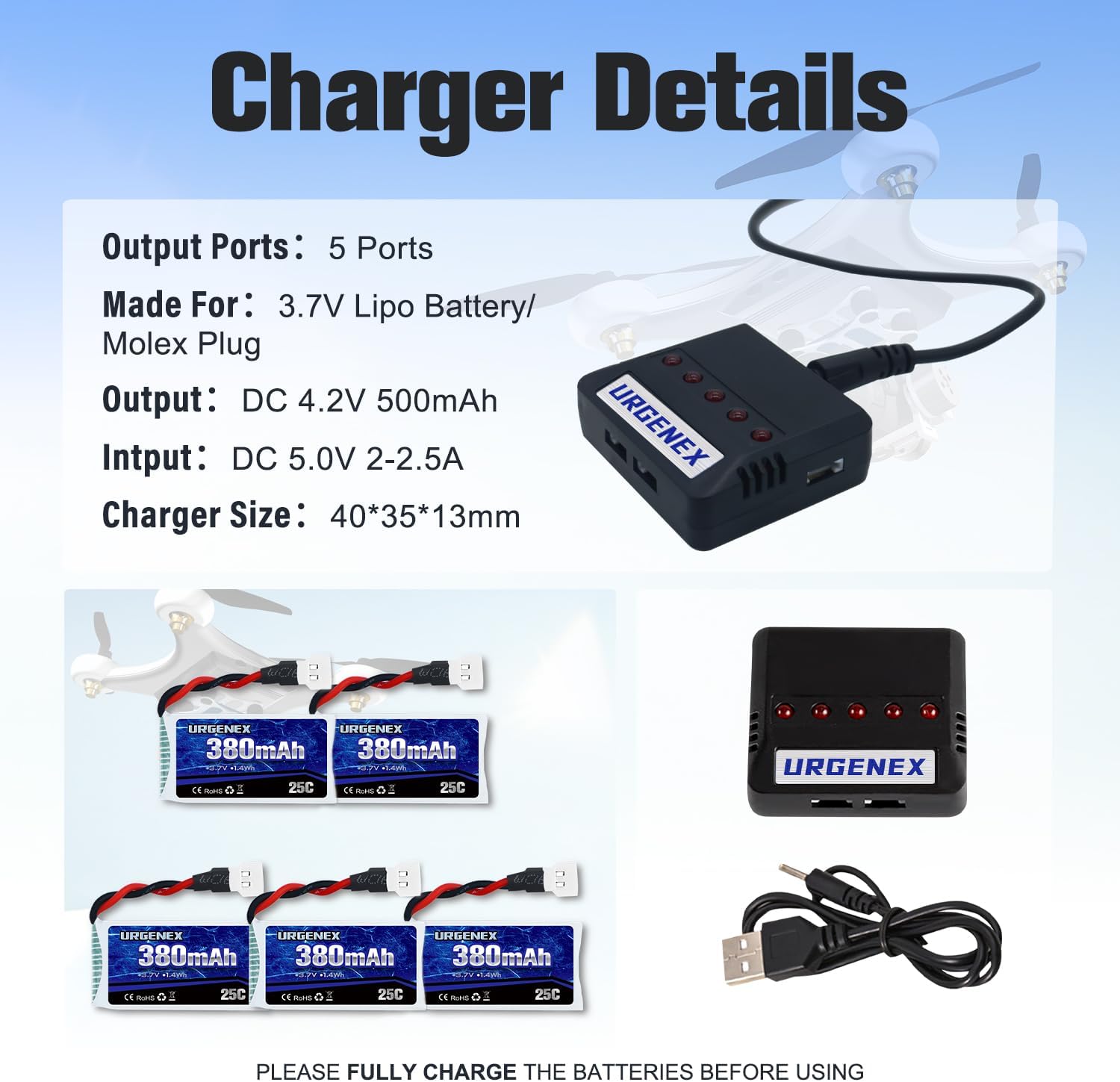 URGENEX 5PCS 3.7V 380mAh Drone Battery 25C 1S Lipo Battery with 5in1 Charger for SYMA Q11 AT-96 TR-C385 TR-P51 TR-F22 H99W H31 H6C H98 Holy Stone HS170G HS170 HS170C HS230 Drone Quadcopter Aircraft