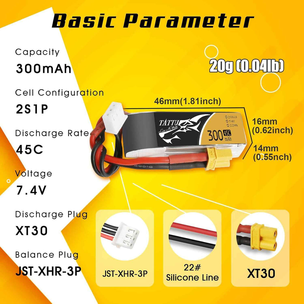 TATTU 4PCS 7.4V 300mAh 2S 45C LiPo Battery Pack with XT30 Plug for Emax Babyhawk Micro FPV Quad Racing Drone